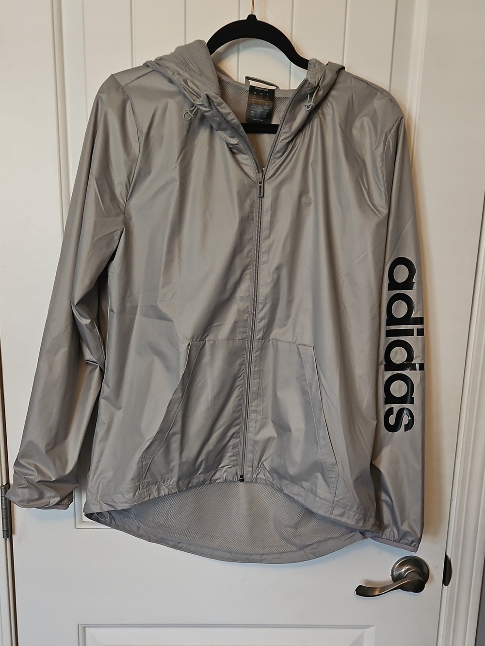adidas Light Gray Hooded Windbreaker with Black Sleeve Logo